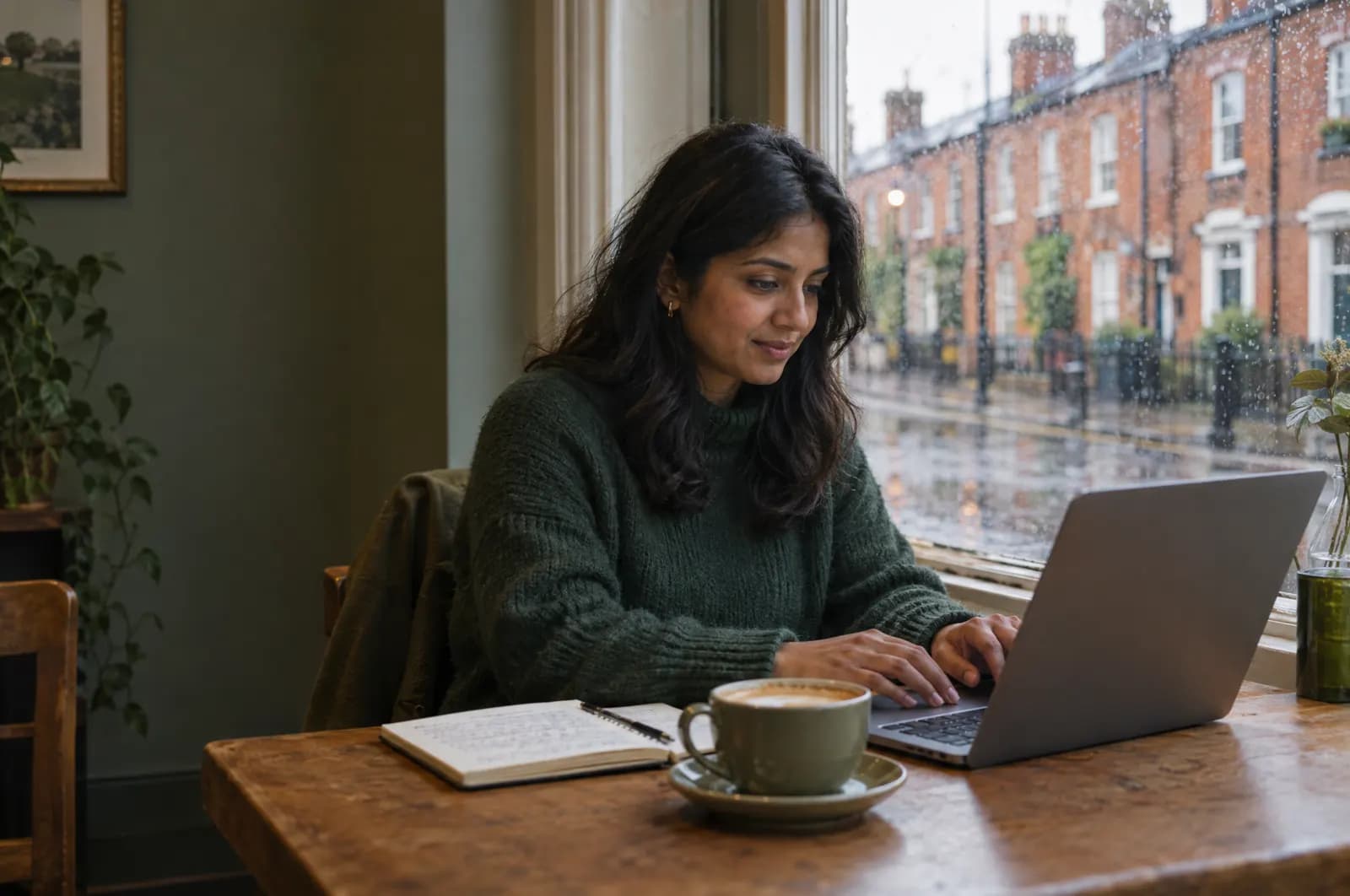 An international candidate in a Dublin cafe asks her AI assistant about jobs on her laptop.