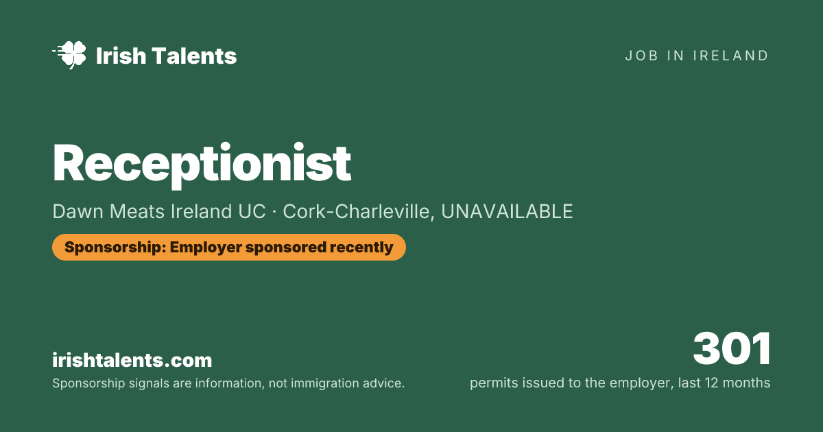 Receptionist | Dawn Meats Ireland UC | IrishTalents